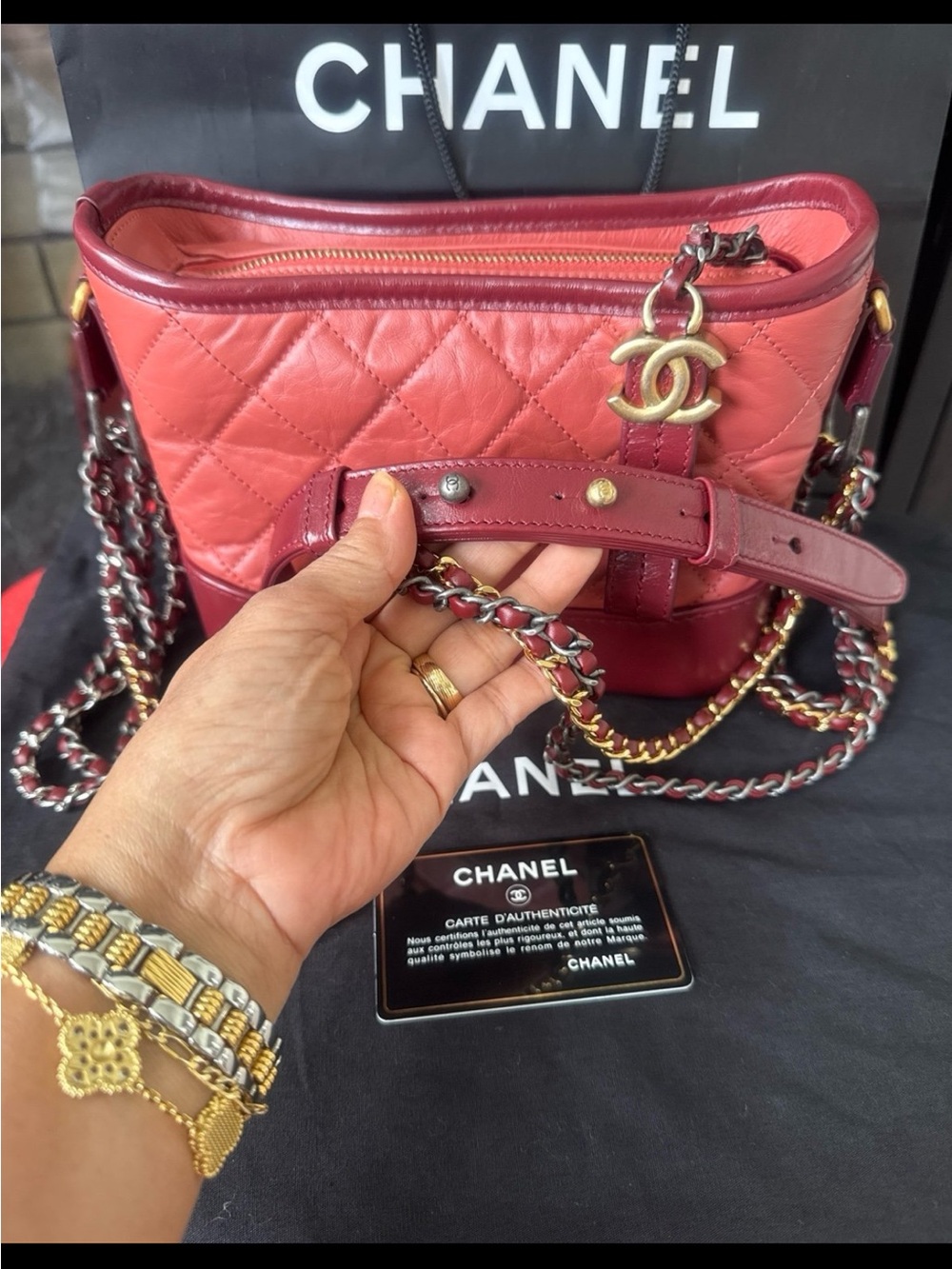 CHANEL Red Quilted Leather Crossbody with CC Charm and Chain Strap - Picture 5 of 13